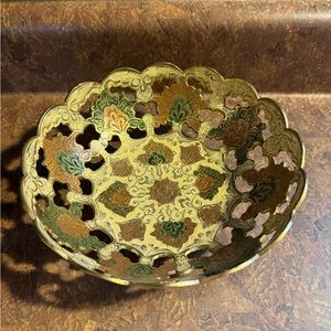 Intricate solid brass enamel painted carved Decorative Bowl Indian import 7-1/2”